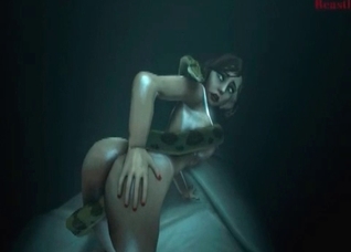 Crazy 3D snake impales her holes