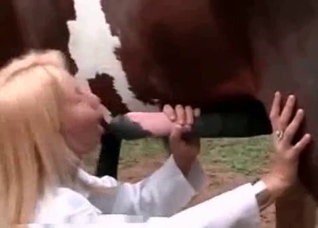 Elegant blonde masturbates a horse dick