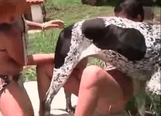 Two lasses and their animal