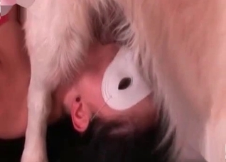 Masked whore sucks a doggy