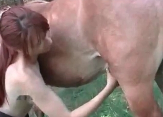 Redhead plays with a stallion