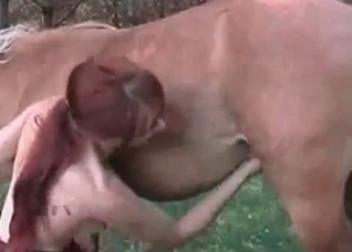 Redhead plays with a stallion