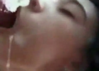 Horse cock cums in her closed mouth