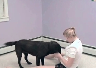 Blonde takes care of her pet