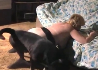 Busty mom hugs a nice doggy